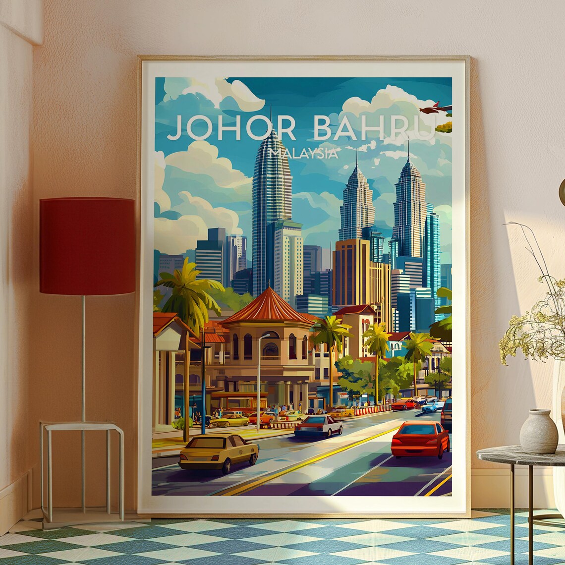 Johor Bahru Malaysia Skyscraper City Street Palms Travel Poster - Image 2