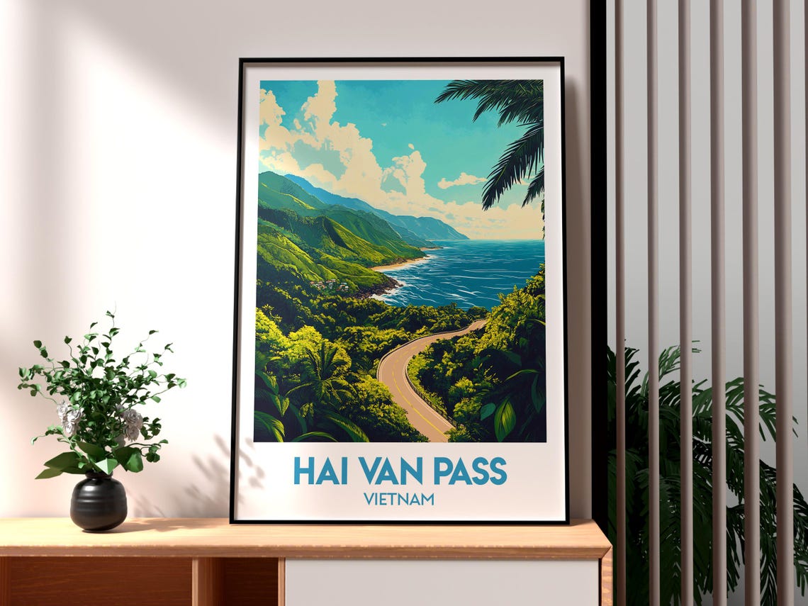 Hai Van Pass Vietnam Coastal Mountain Road Ocean View Travel Poster