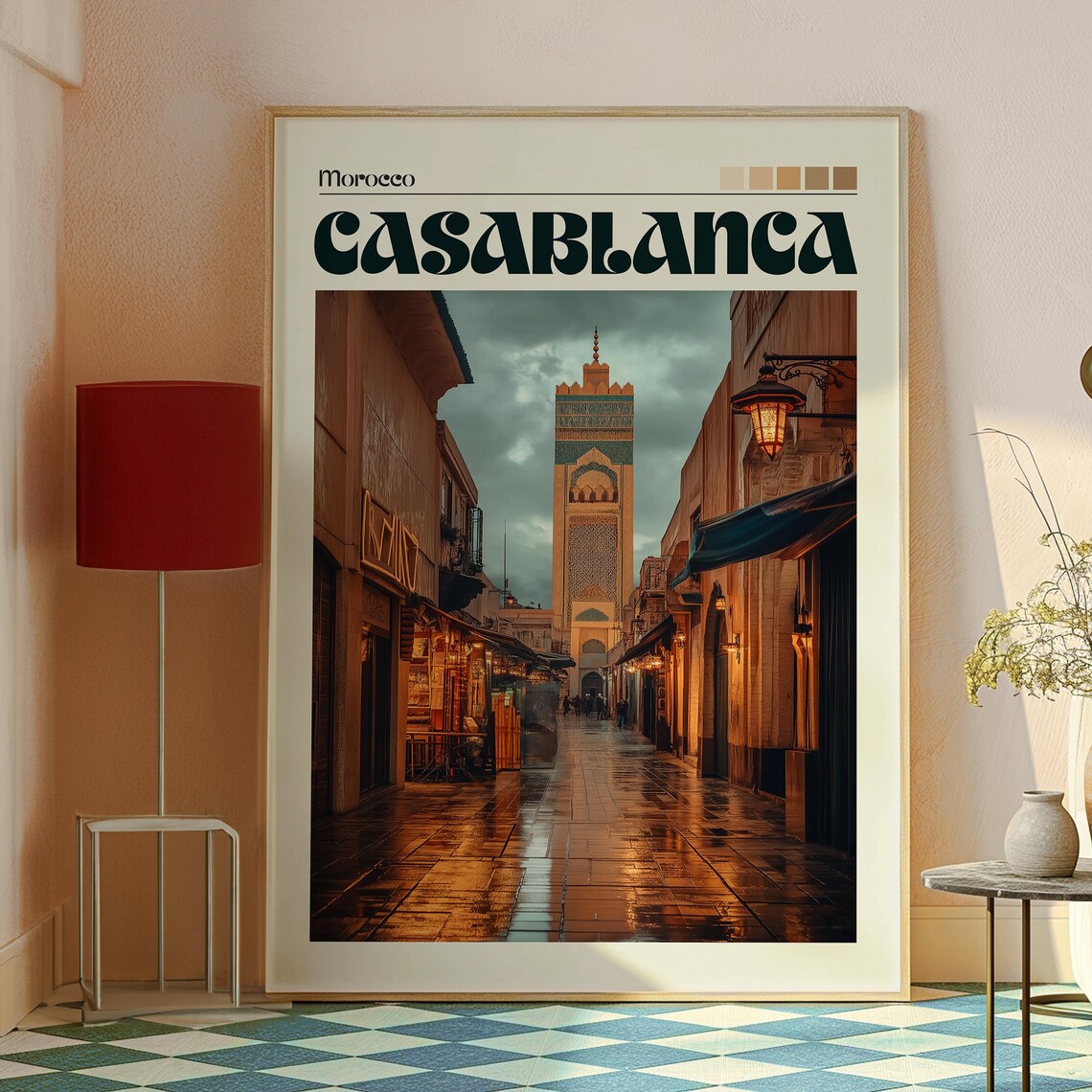 Casablanca Morocco Rainy Old Street Minaret Evening Travel Poster - Image 2