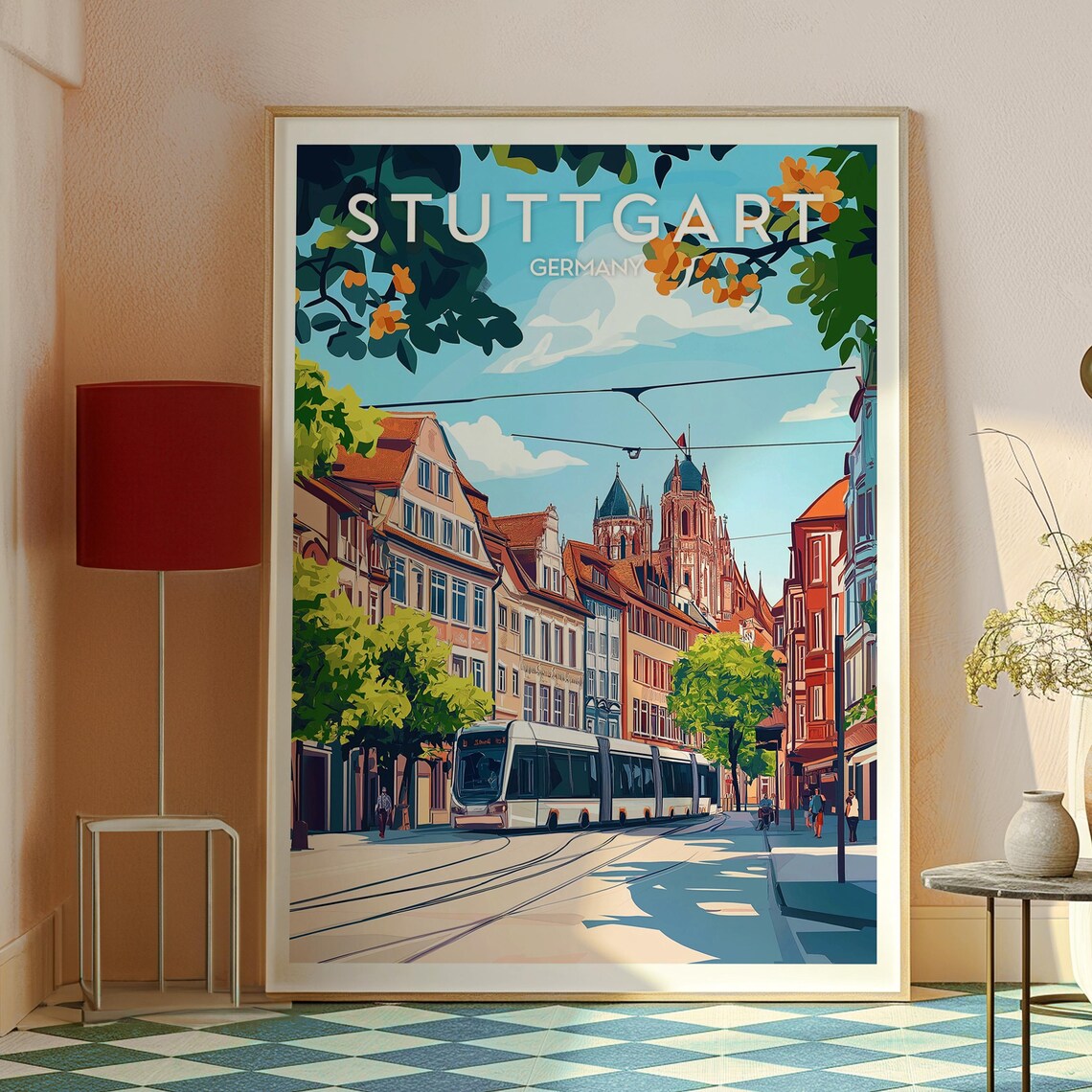Stuttgart Germany Historic Tram Street Cathedral Towers Travel Poster - Image 2
