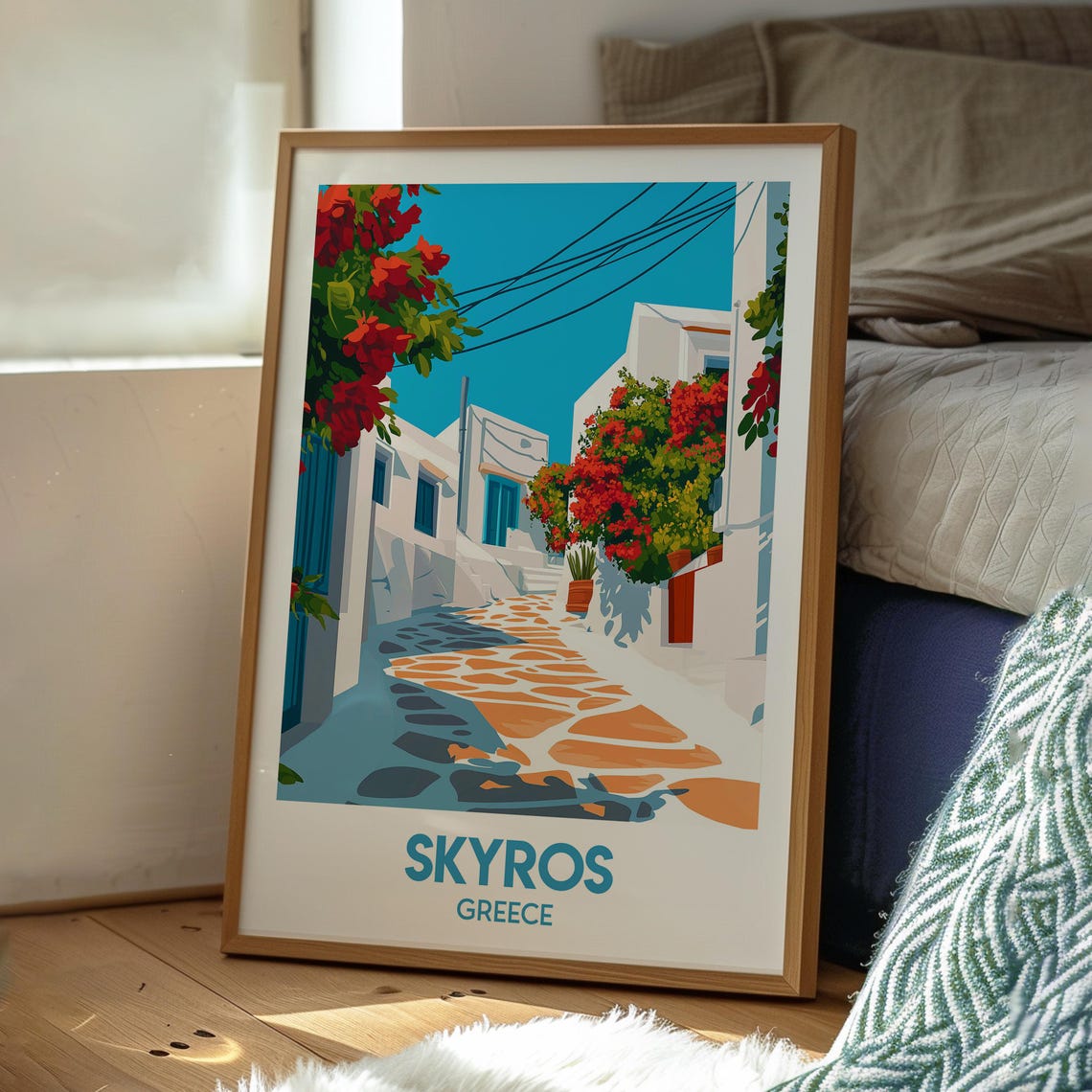 Skyros Greece White Alley Bougainvillea Island Scenic Poster - Image 2