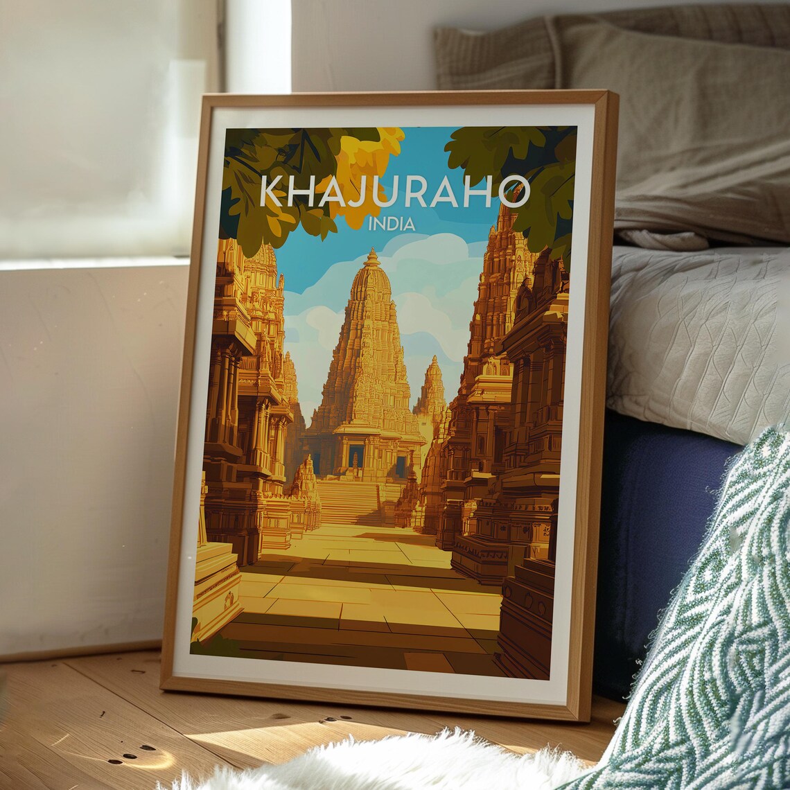 Khajuraho India Golden Temple Carved Spires Heritage Travel Poster - Image 3