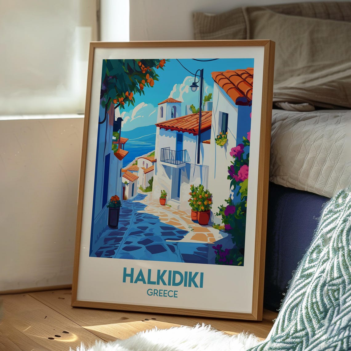 Halkidiki Greece Retro Travel Poster White Village Blue Sea Art - Image 3