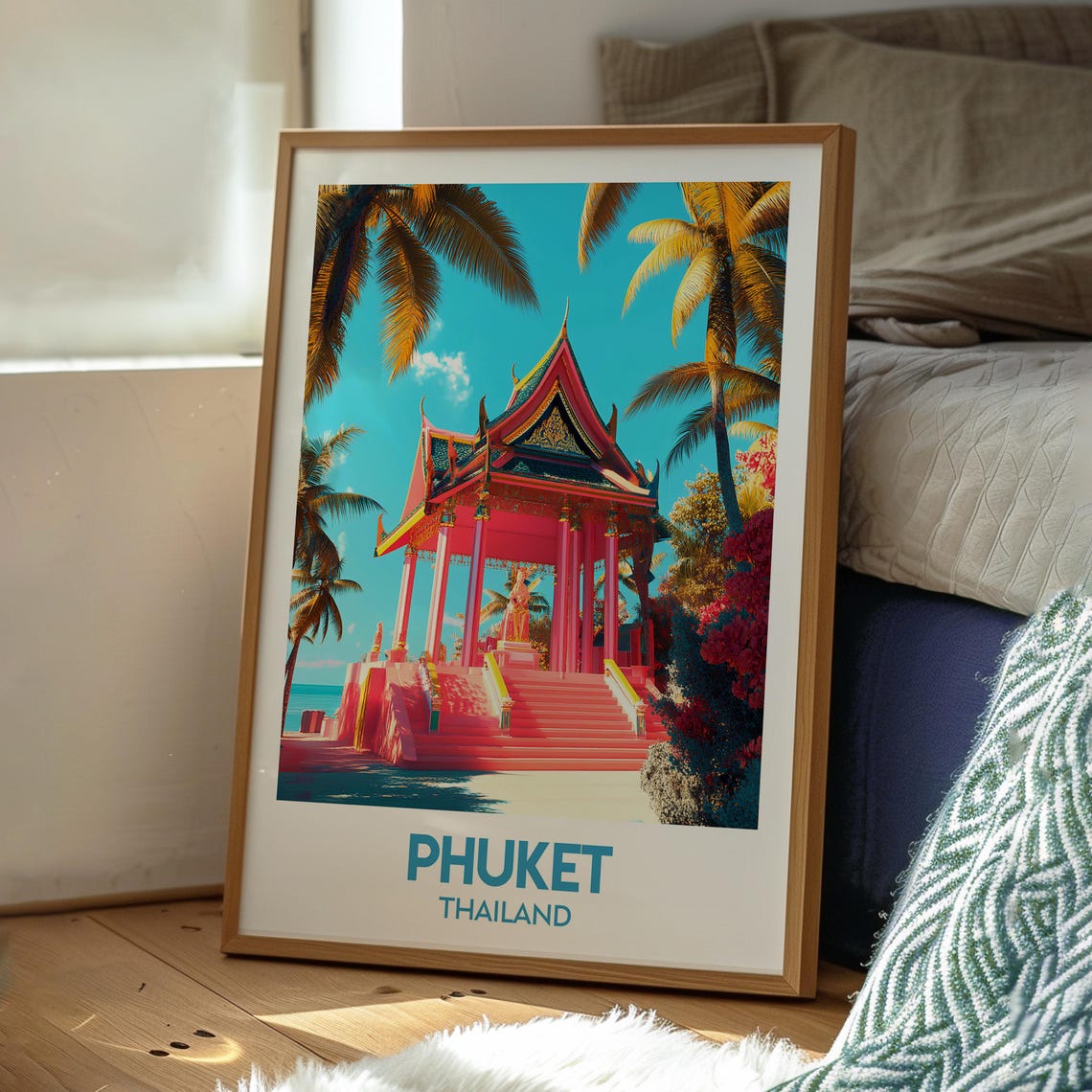Phuket Thailand Red Temple Coconut Palms Sunset Travel Poster - Image 3