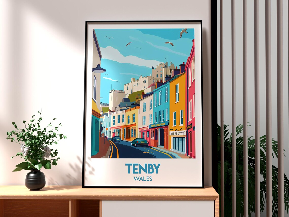 Tenby Wales Castle Colorful High Street Seaside Travel Poster