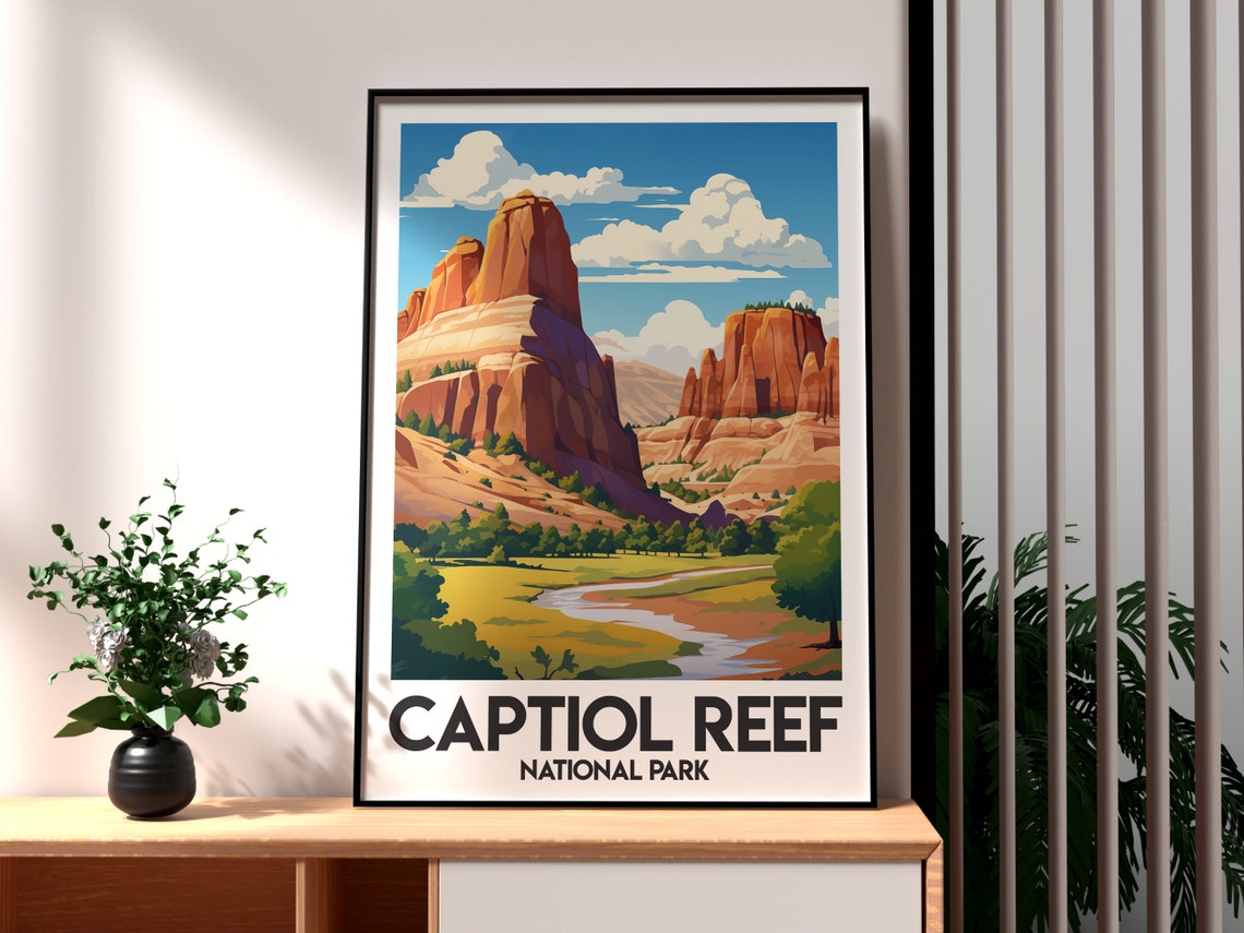 Captiol Reef National Park Red Rock Cliffs Vintage Travel Poster
