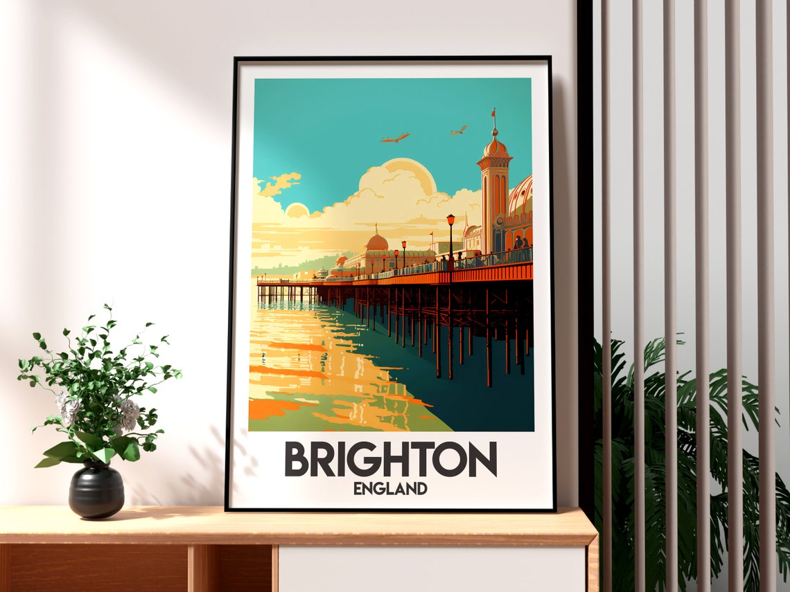 Brighton England Pier Sunset Clock Tower Seaside Travel Poster