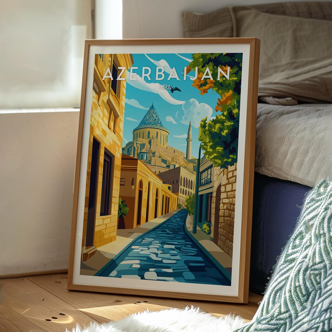 Azerbaijan Vintage Travel Poster Old Town Mosque Dome Street Art - Image 3