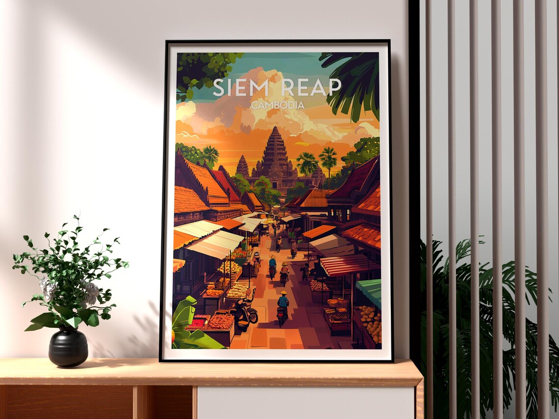 Siem Reap Cambodia Angkor Wat Sunset Market Street Art Poster