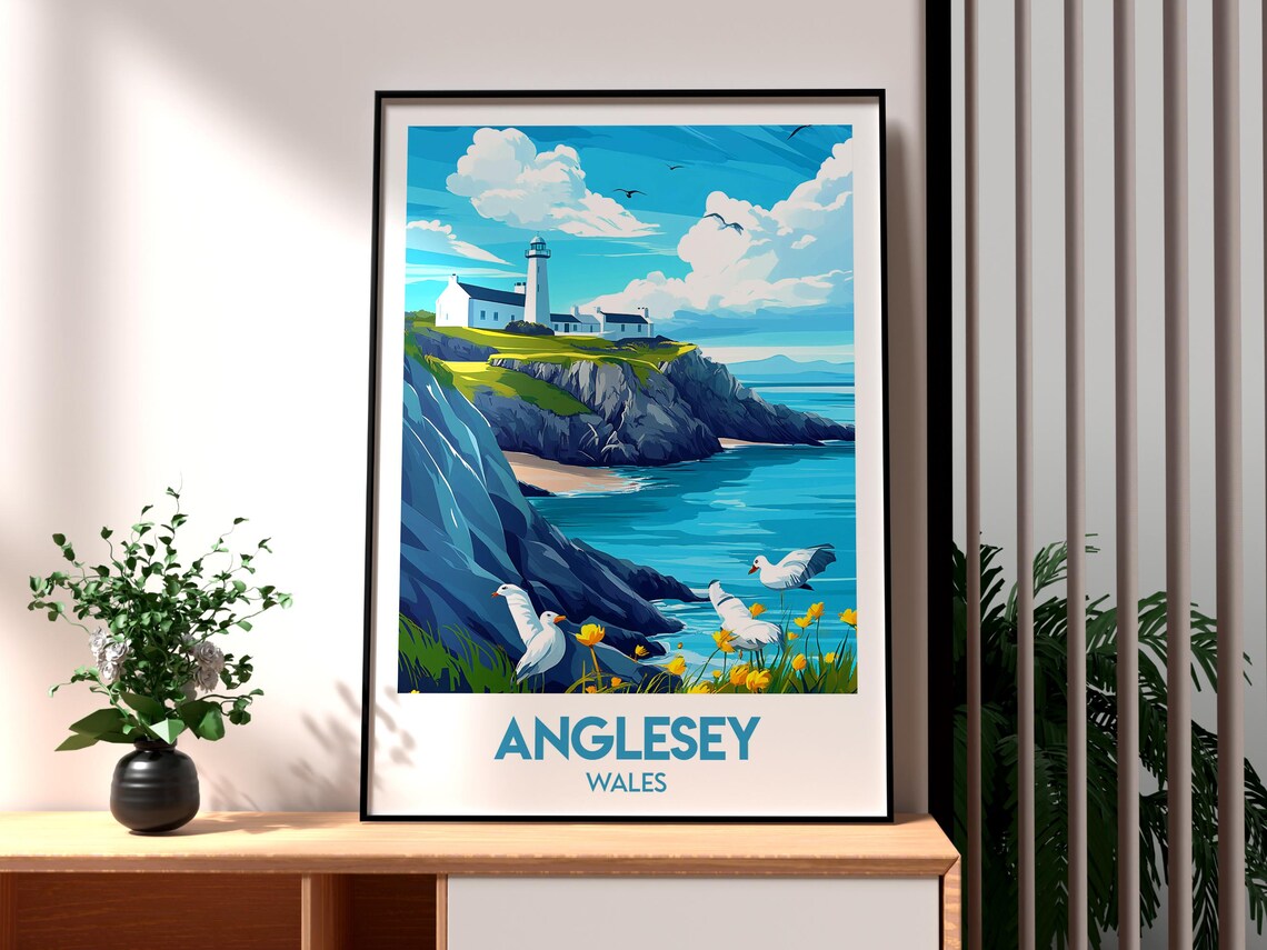 Anglesey Wales Lighthouse Cliff Coast Seabirds Vintage Travel Poster