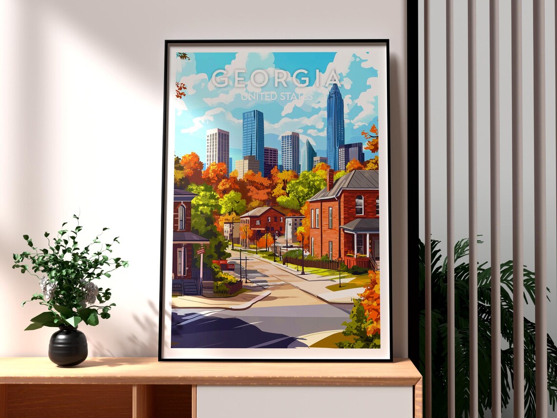 Georgia Autumn Brick House Street With Downtown Skyline Poster