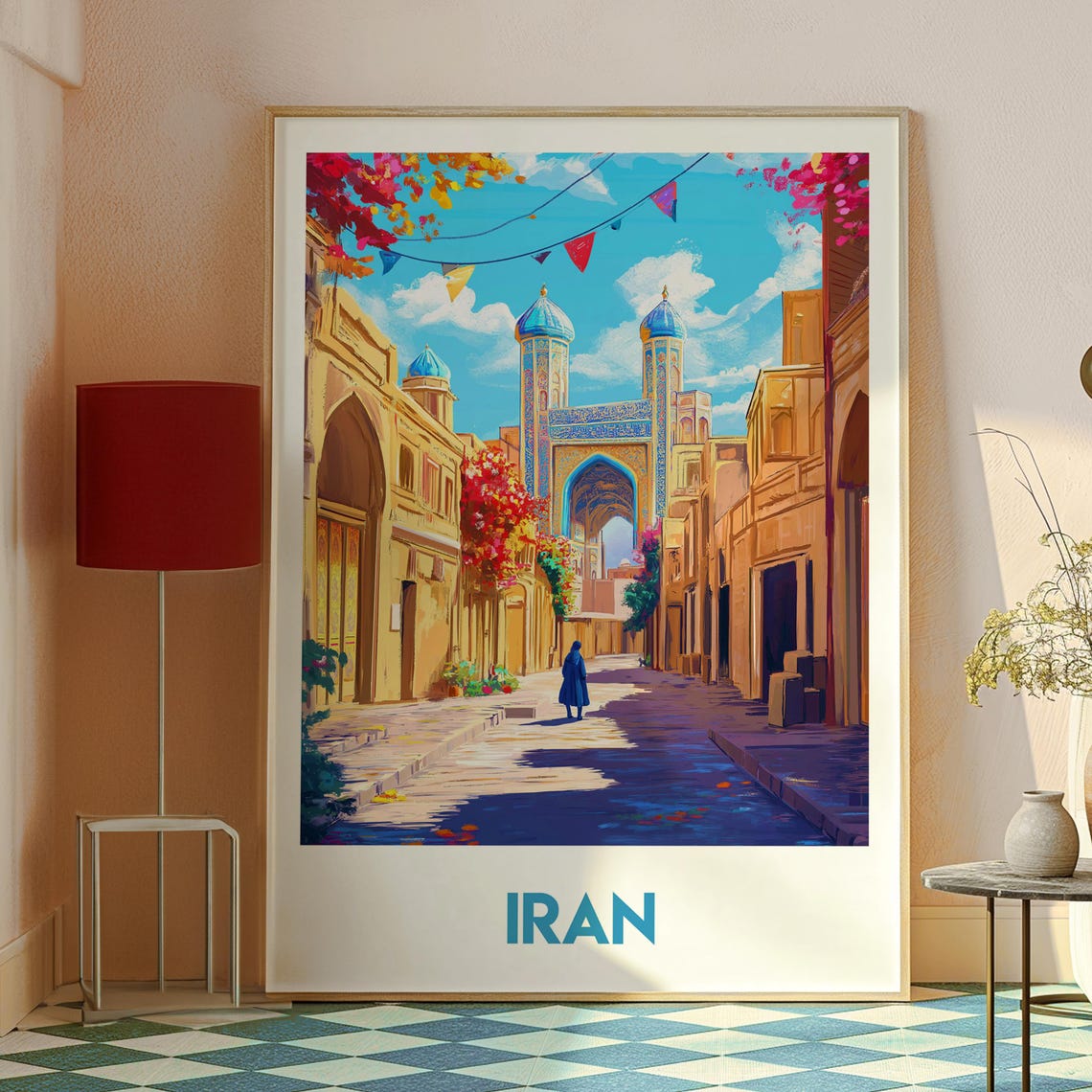 Iran Historic Old Town Street Blue Tiled Mosque Colorful Poster - Image 2