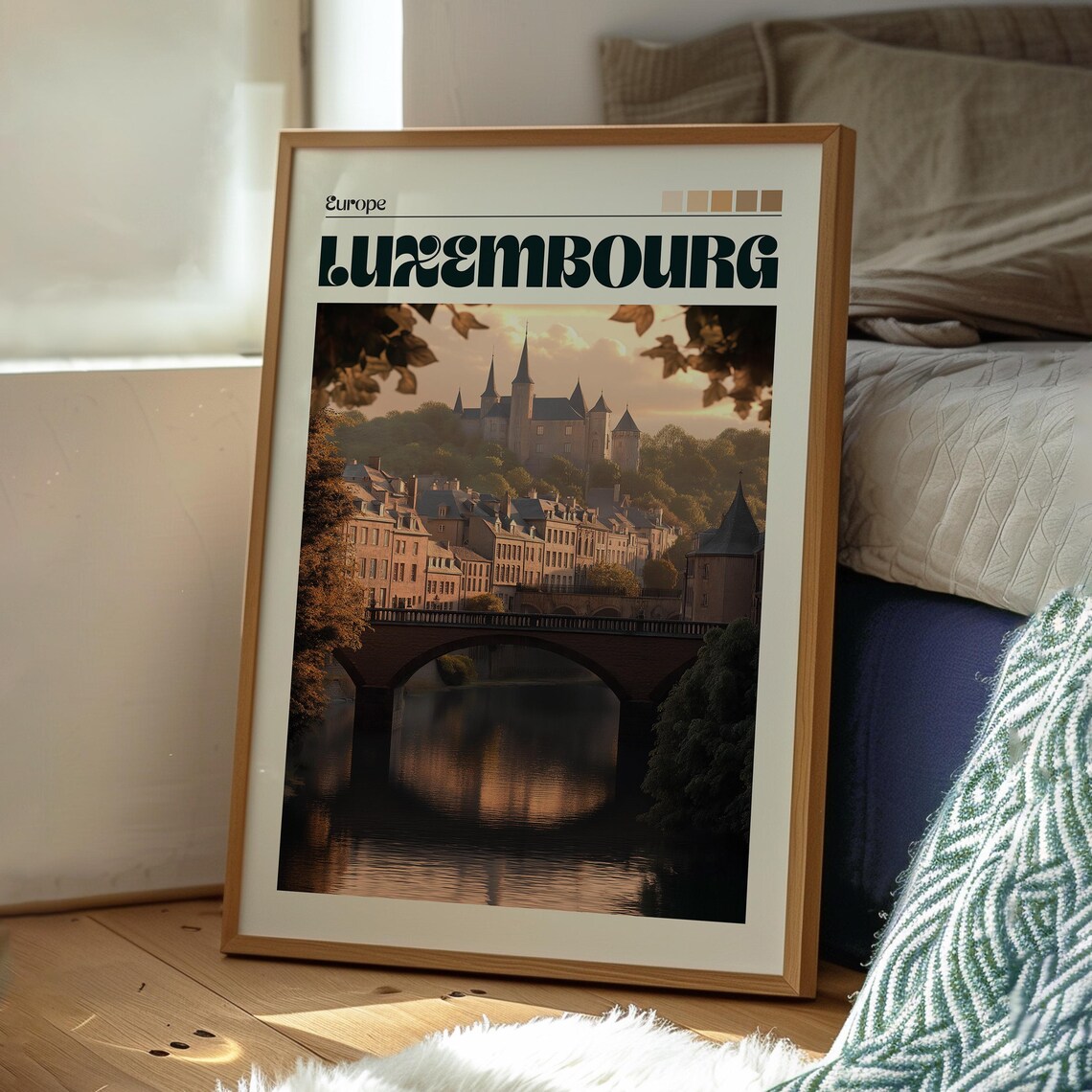 Luxembourg Europe Fairytale Castle Old Town Bridge Sunset Travel Poster - Image 3