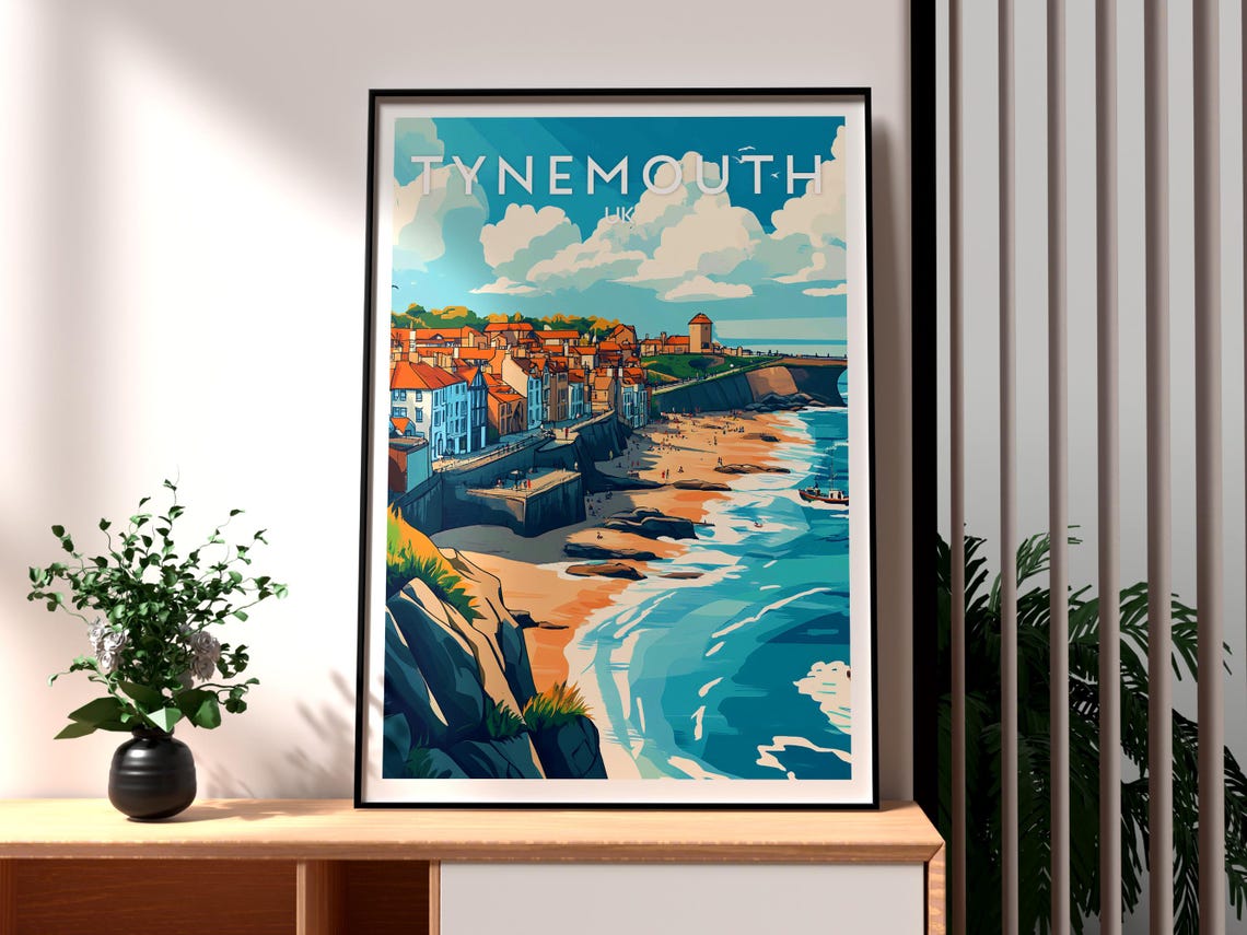 Tynemouth UK Coastal Town Beach Cliffs Harbor Scene Travel Poster