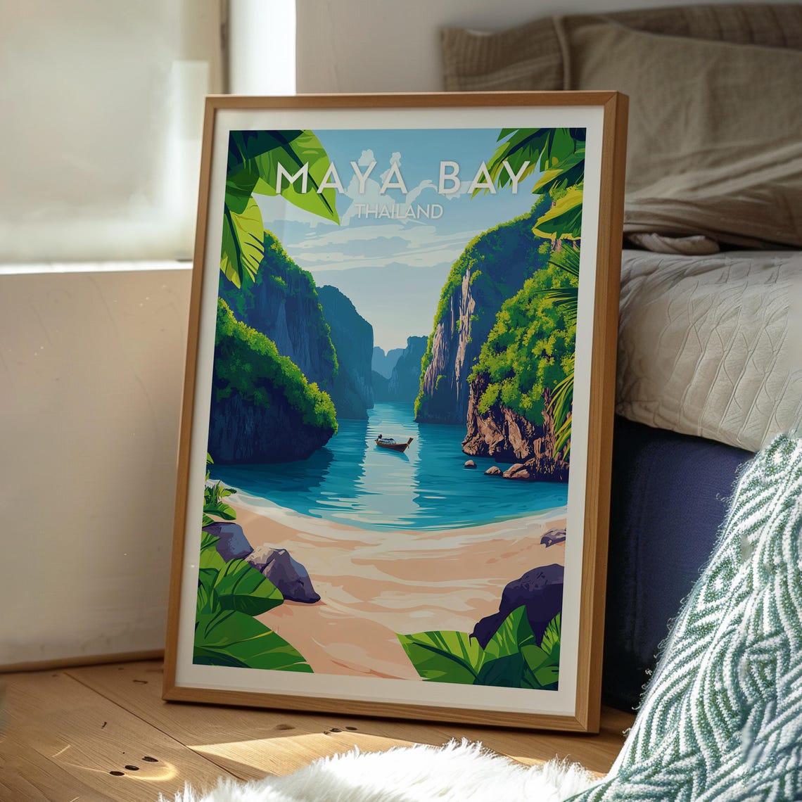 Maya Bay Thailand Limestone Cliffs Longtail Boat Beach Scene Poster - Image 3
