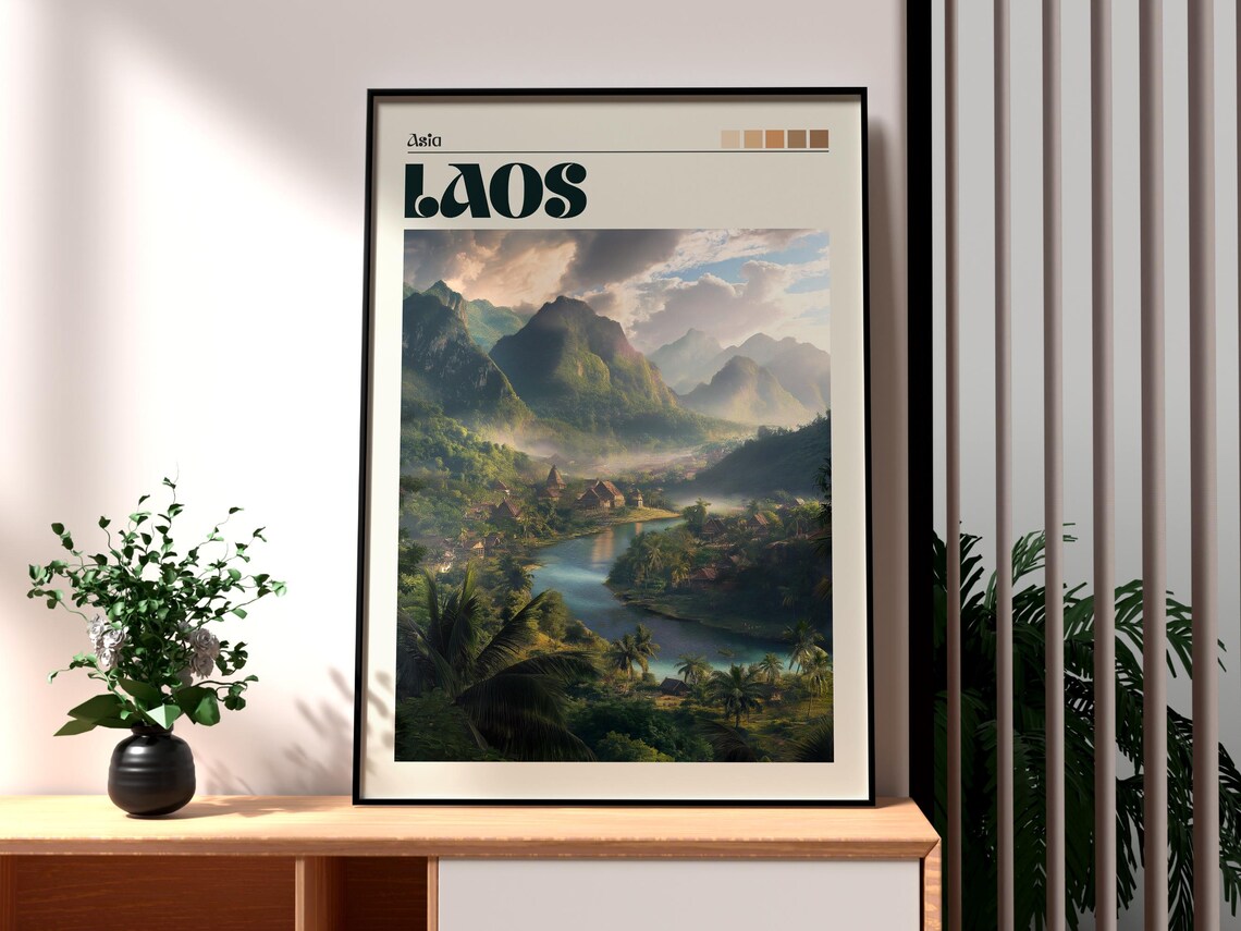 Laos Asia Limestone Karst Mountain River Valley Village Poster