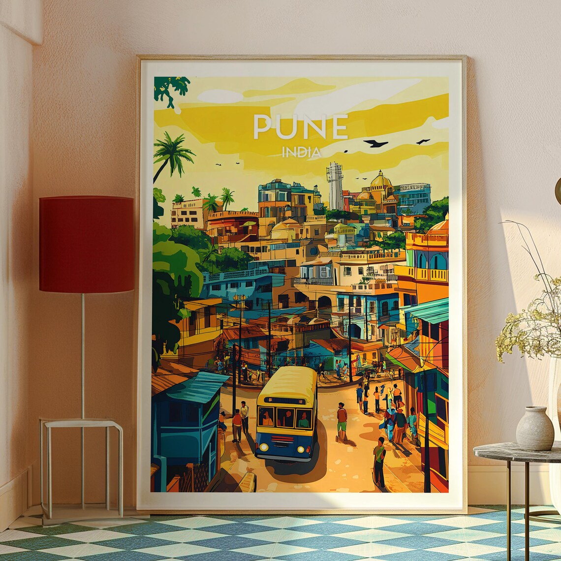 Pune India Colorful Busy City Street Market Scene Art Travel Poster - Image 2