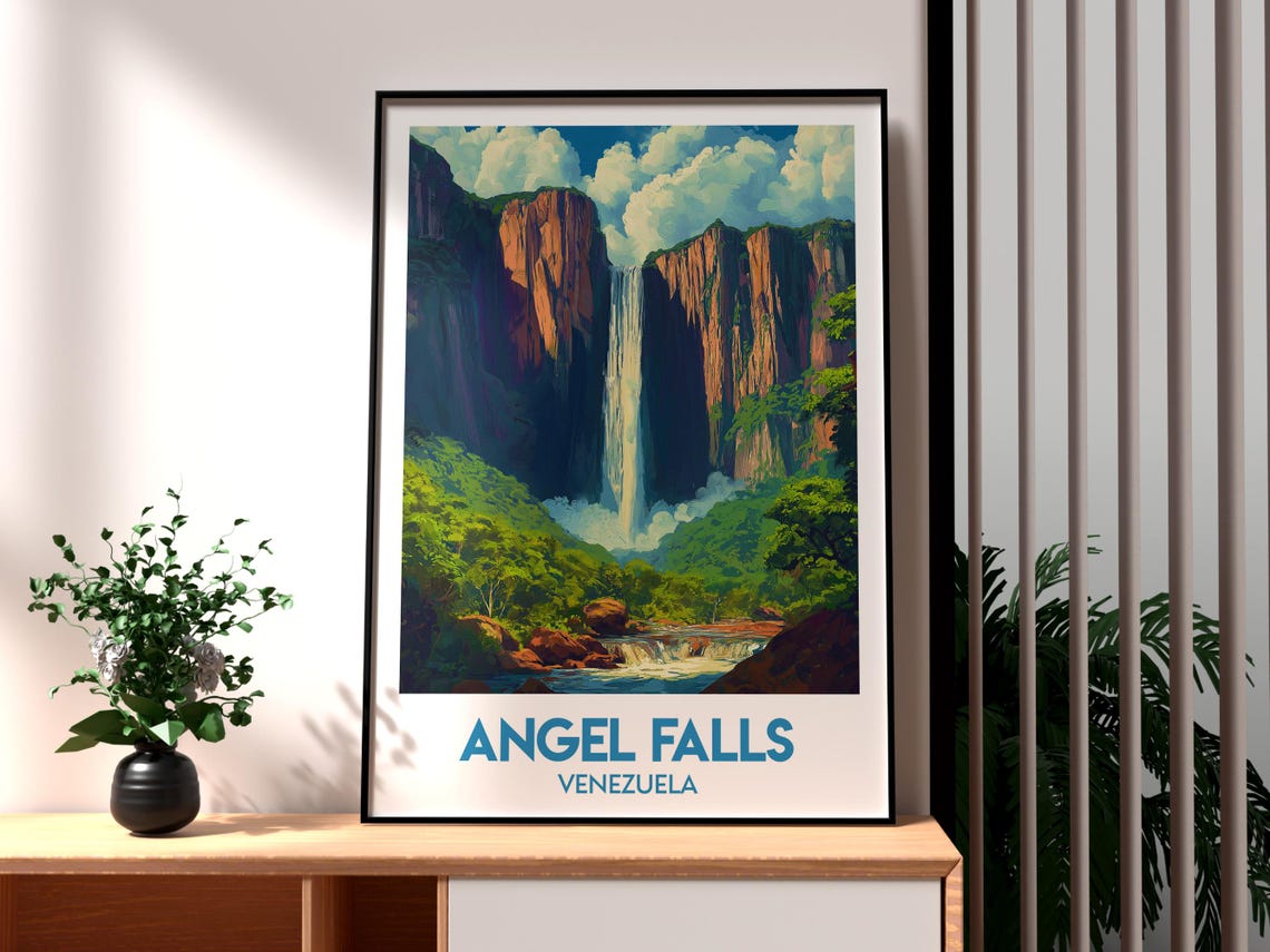 Angel Falls Venezuela Towering Waterfall Jungle Cliffs Vintage Poster
