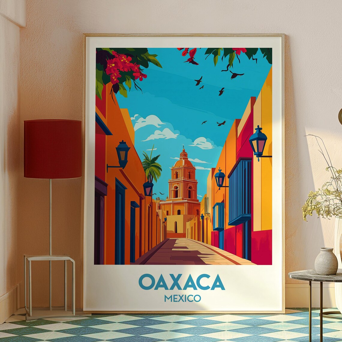 Oaxaca Mexico Colorful Colonial Street Church Dome Travel Poster - Image 2