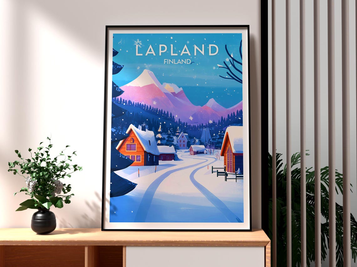 Lapland Finland Snowy Village Cabins Winter Mountains Poster