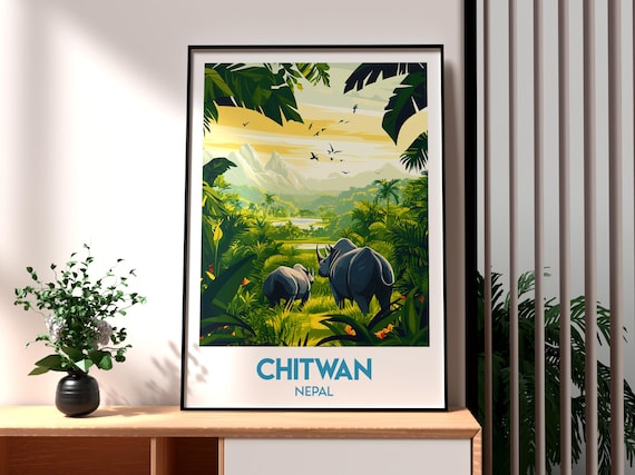 Chitwan Nepal Jungle Rhinos Grazing Mountain Backdrop Travel Poster