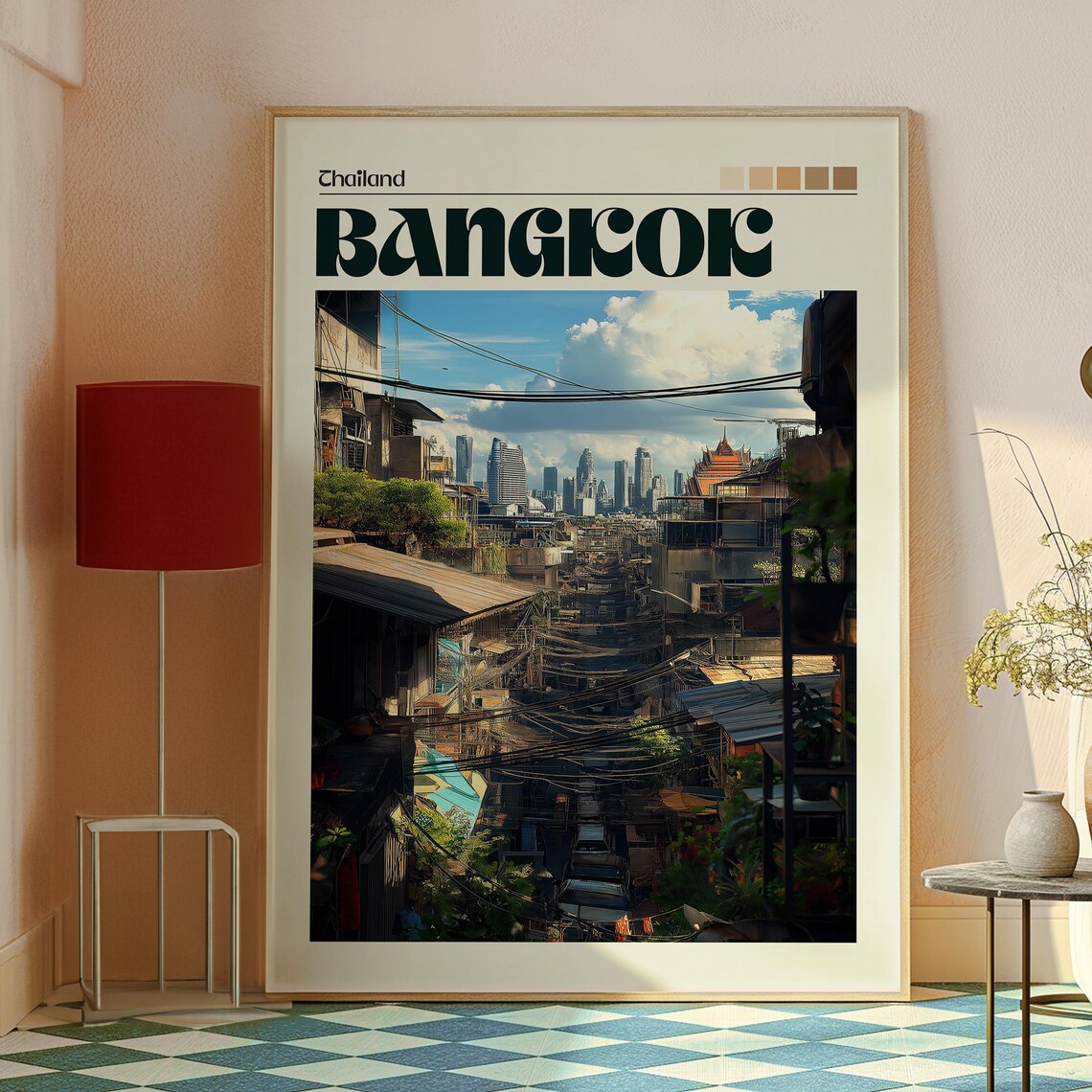 Bangkok Thailand Old Town Street Wires and Temples Travel Poster - Image 2