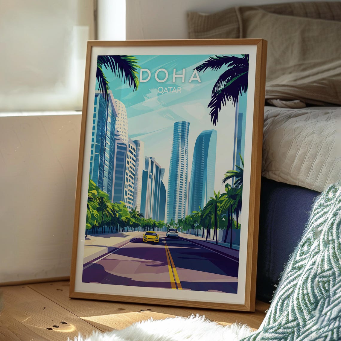 Doha Qatar Modern Skyscrapers Palm Lined Avenue City Travel Poster - Image 3