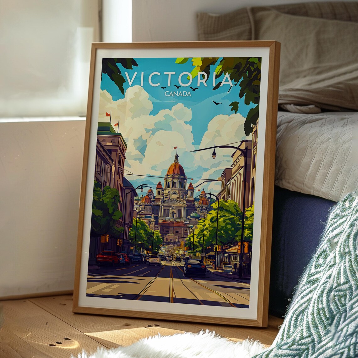 Victoria Canada Parliament Domes Busy Downtown Street City Skyline Poster
