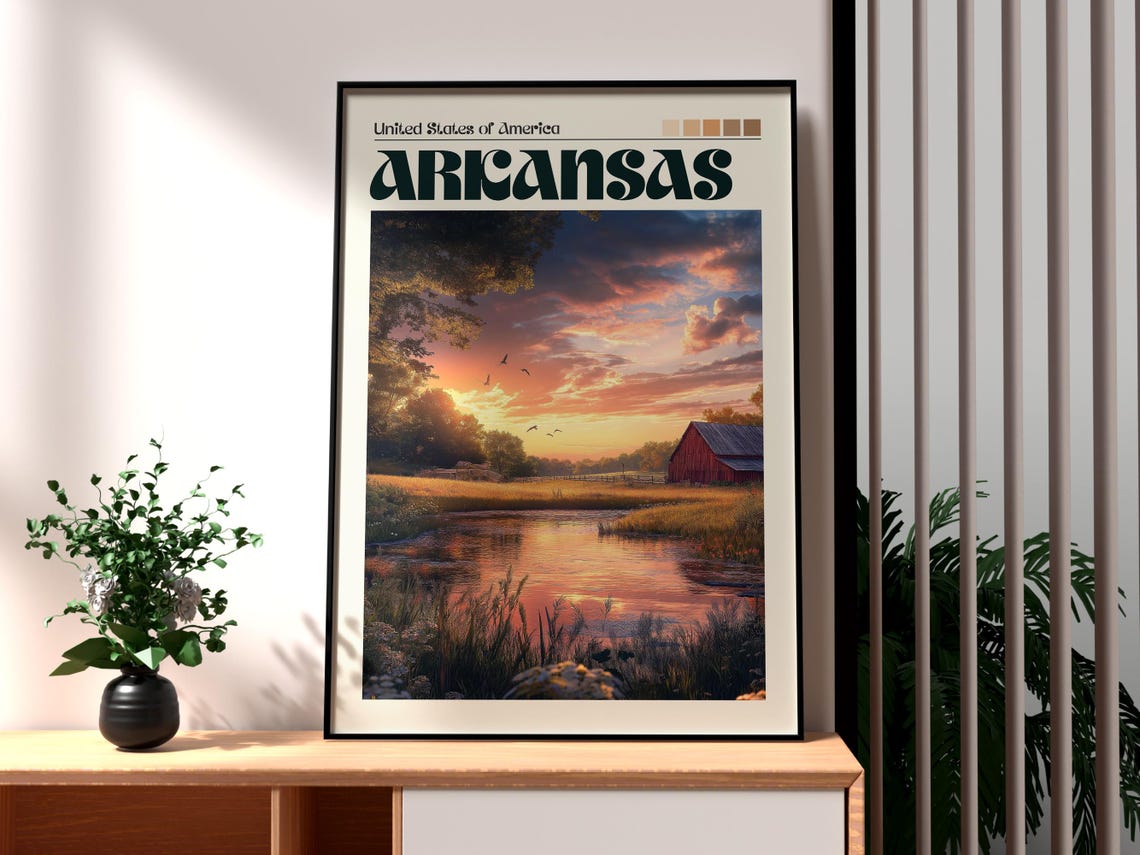 Arkansas USA Sunset River Barn Countryside Vintage Travel Poster