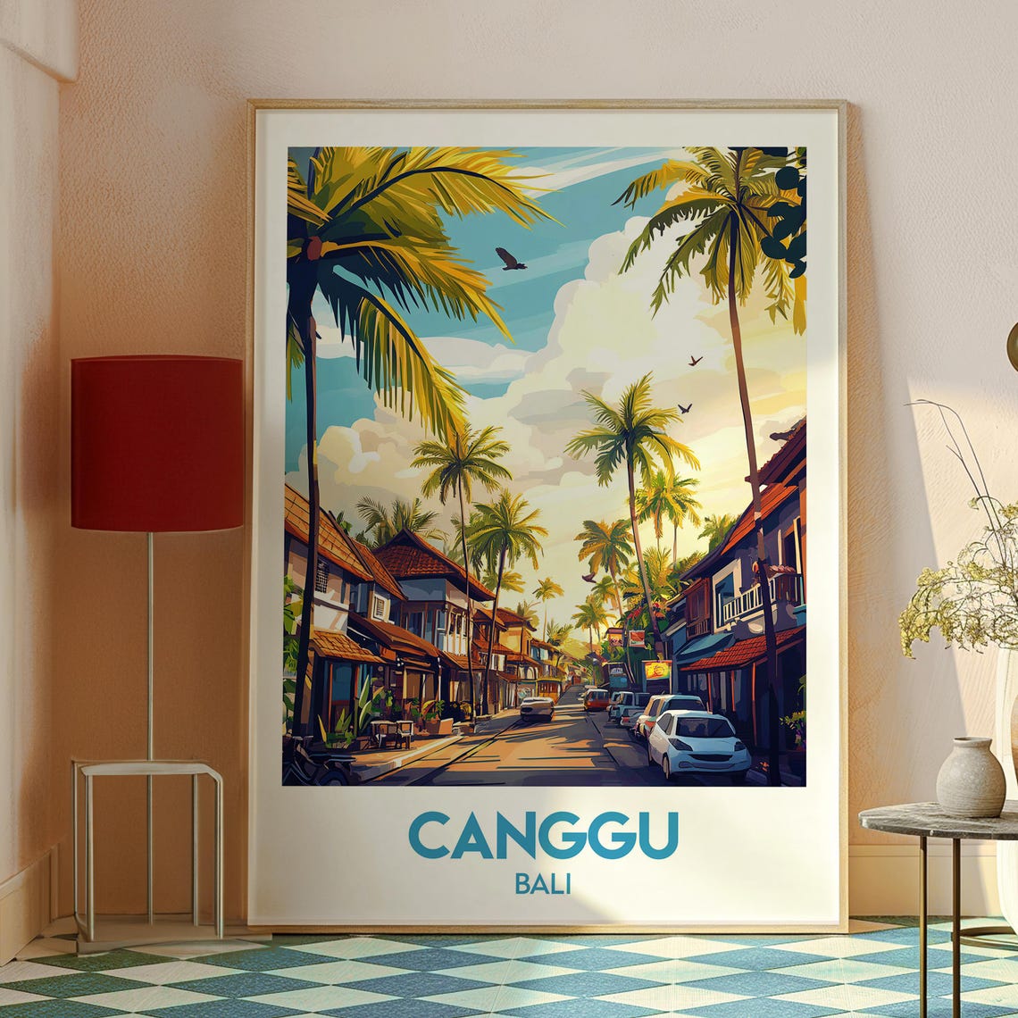 Canggu Bali Palm Lined Street Island Town Scene Sunset Travel Poster - Image 2