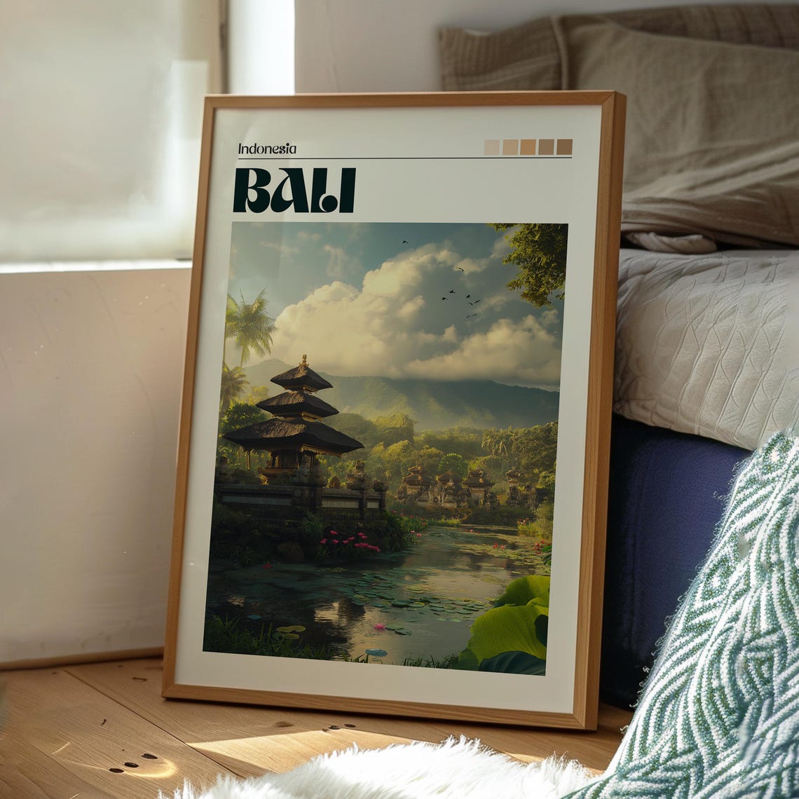 Bali Indonesia Temple Lotus Pond Sunset Vintage Travel Poster - Image 3