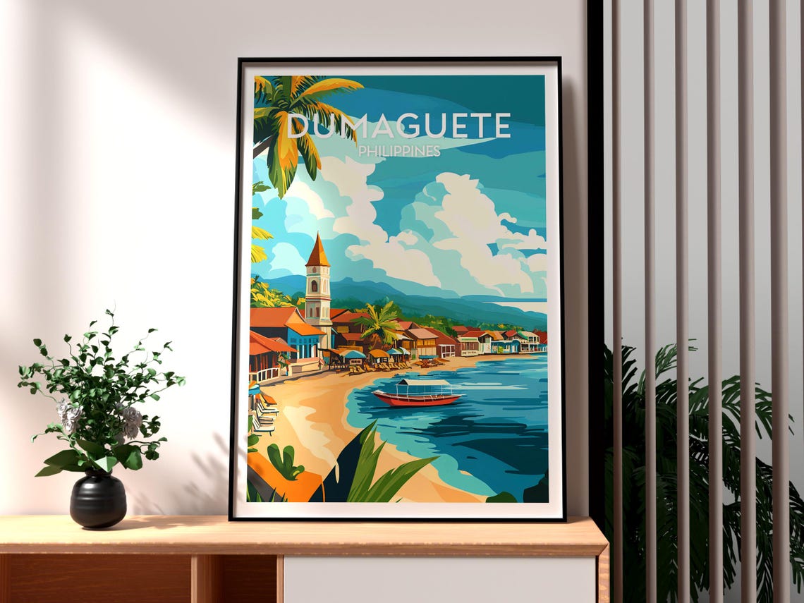 Dumaguete Philippines Beach Town Church Harbor Illustration Poster