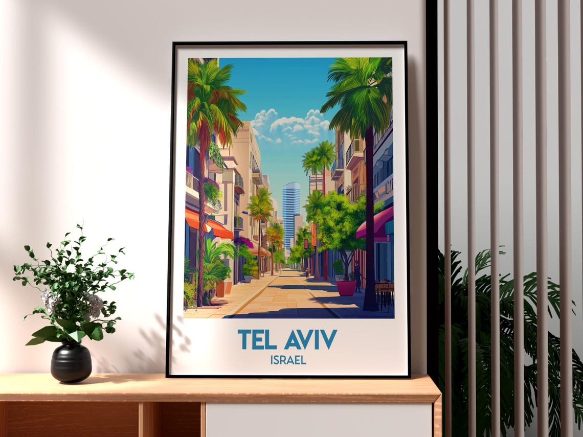 Tel Aviv Israel Palm Lined Boulevard City Scene Beach Poster