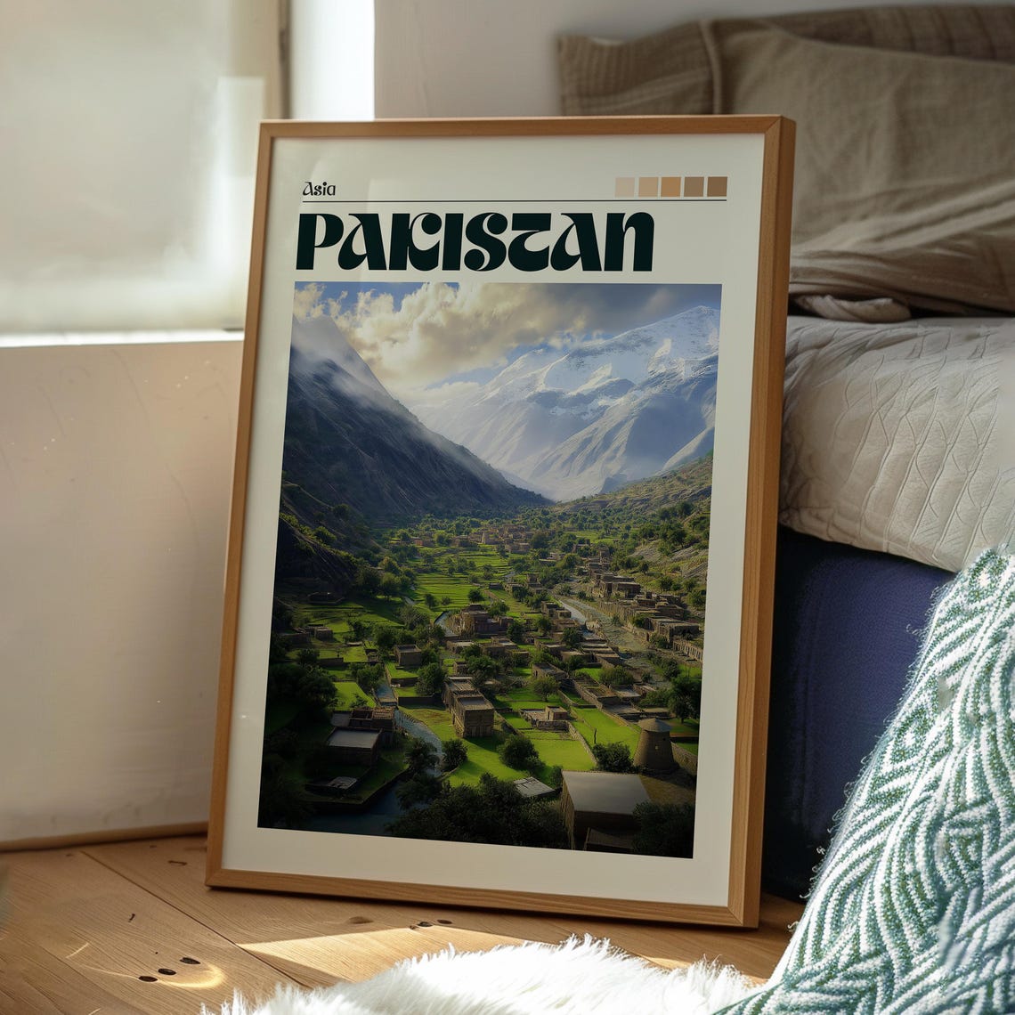 Pakistan Asia Snowy Mountain Valley Village Green Fields Travel Poster - Image 3
