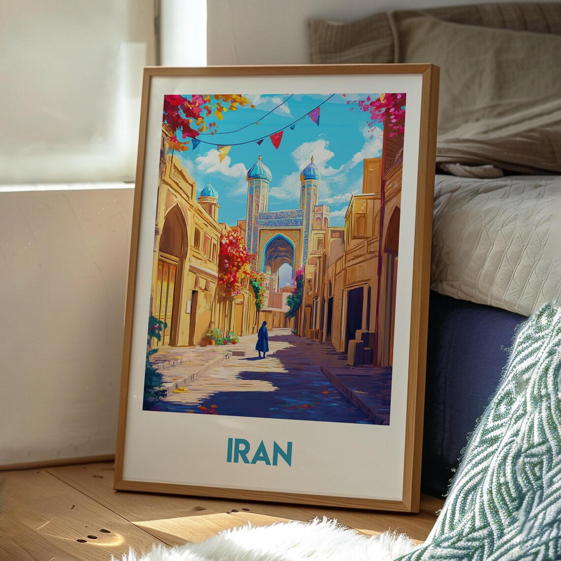 Iran Historic Old Town Street Blue Tiled Mosque Colorful Poster - Image 3