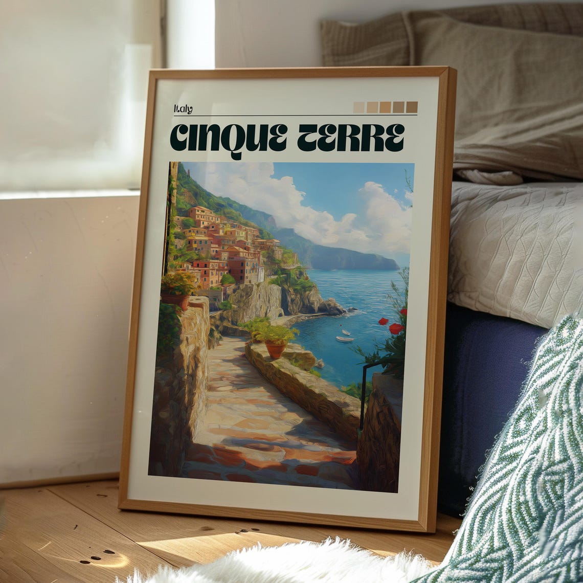 Cinque Terre Italy Cliffside Village Stone Path Blue Sea Retro Poster - Image 3