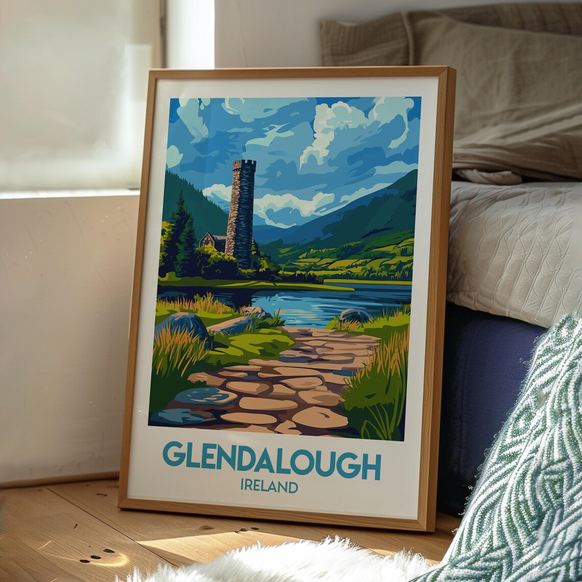 Glendalough Ireland Round Tower Lake Illustrated Travel Poster - Image 3