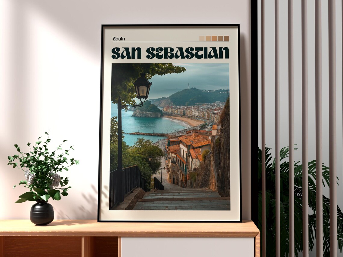 San Sebastian Spain La Concha Bay Beach Vintage Travel Poster