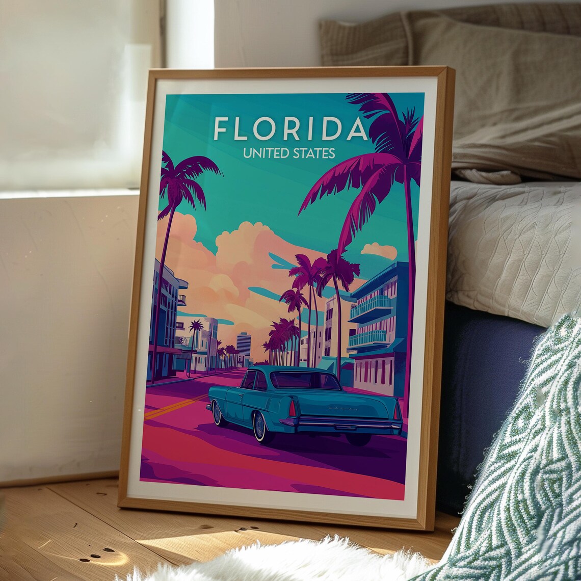 Florida Retro Street Classic Car Palm Trees Sunset Scene Travel Poster - Image 3