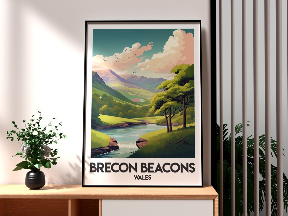 Brecon Beacons Wales Green Hills And Winding River Travel Poster