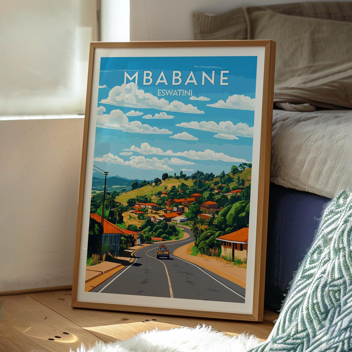 Mbabane Eswatini Red Roofs Hillside Town Travel Scene Poster - Image 3