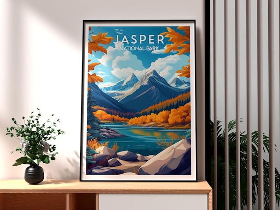 Jasper National Park Canada Autumn Mountain Lake Vintage Travel Poster