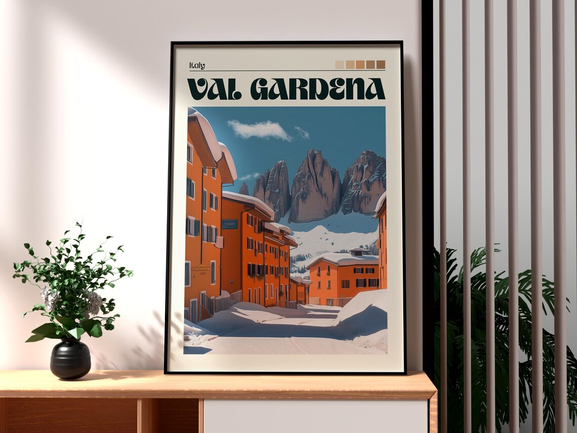 Val Gardena Italy Snowy Village Street Dolomite Peaks Art Poster