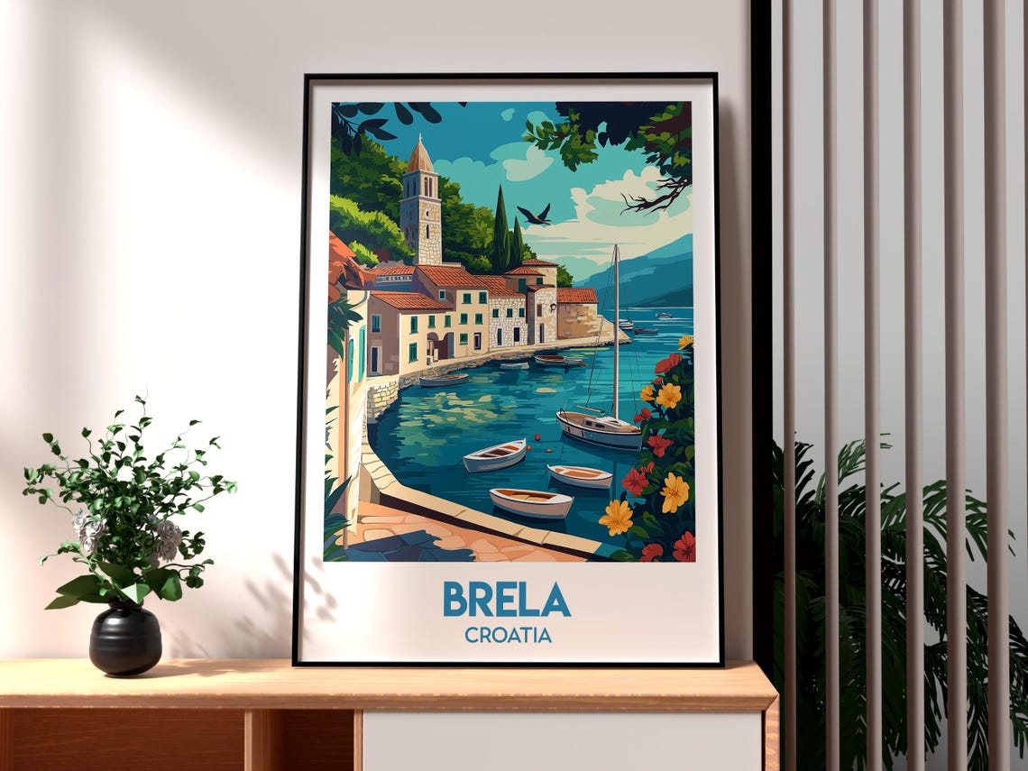 Brela Croatia Coastal Harbor Boats Church Tower Travel Poster