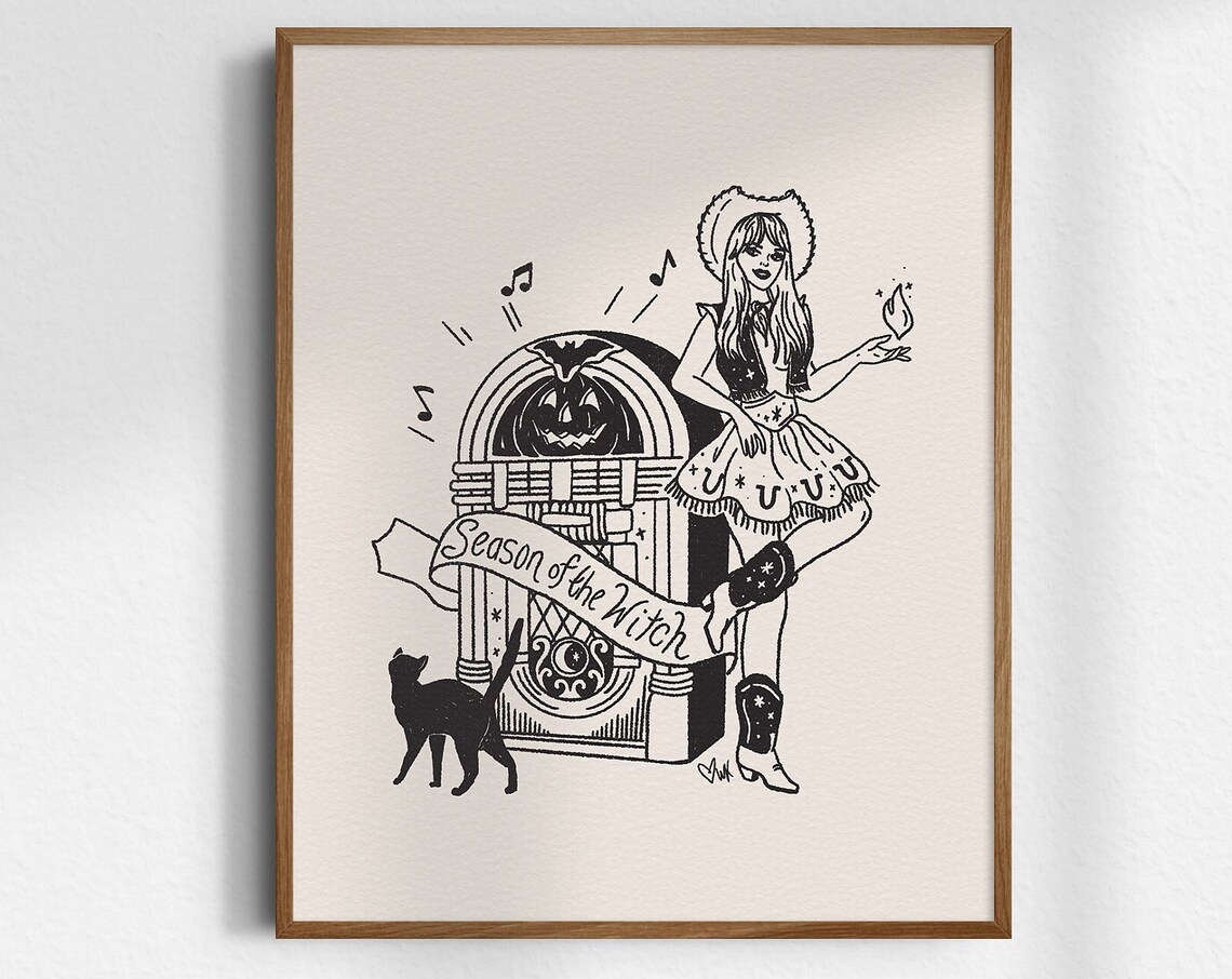 Season of the Witch Cowgirl Jukebox Halloween Retro Line Art Poster