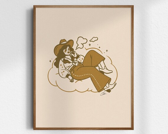 High In The Clouds Poster Cowgirl Floating Cloud Dreamy Retro Decor