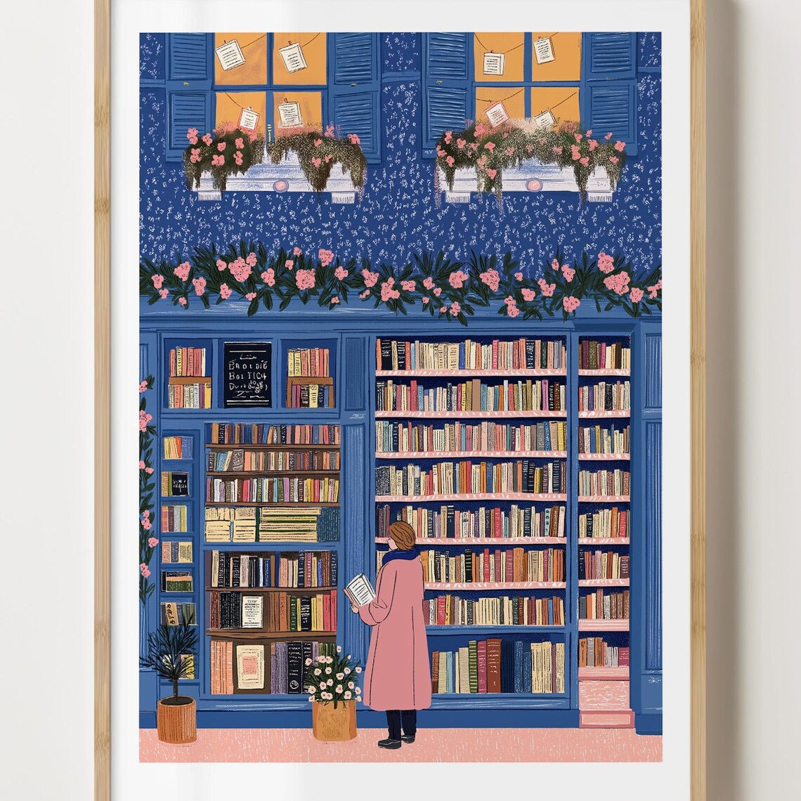 Bookstore Interior With Reader Browsing Tall Blue Bookshelves Poster