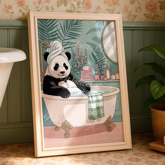 Panda Taking A Bath Bathroom Wall Print Funny Home Decor Trendy New Gifts