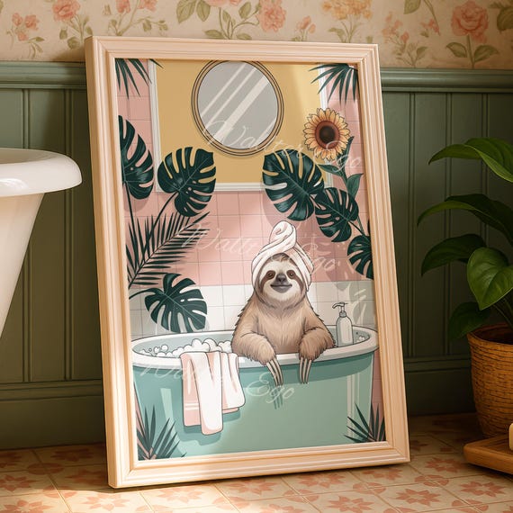 Sloth Taking A Bath Bathroom Wall Print Funny Home Decor Trendy New Gifts
