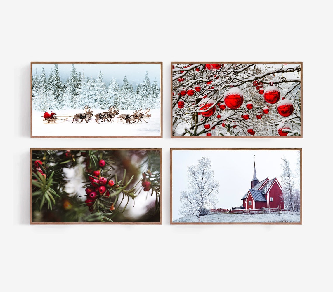 Christmas Gallery Set Santa Reindeer Red Church Winter Photo Print